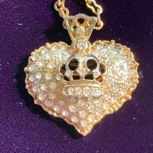 Vintage Bubble Crown Rhinestone Heart Necklace
